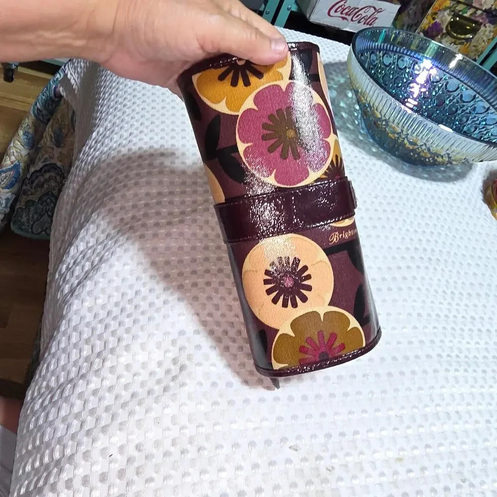 BRIGHTON DARK PURPLE FLORAL COSMETIC JEWELRY KEEPER ROLL BAG